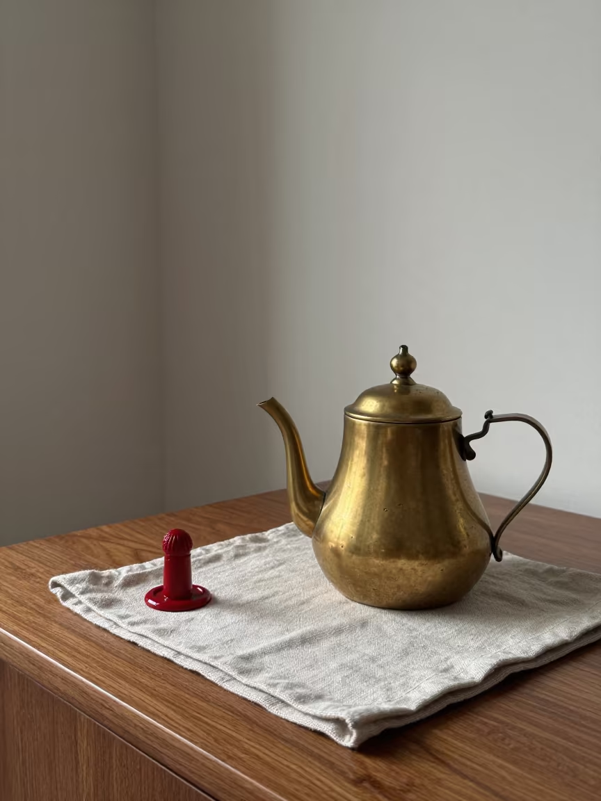 Brass Teapot and Wax Seal on Desk in on a writing desk in Mumbai