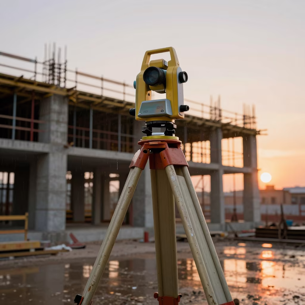 Brass Theodolite at Saudi Construction Site in beside a framed building shell in Saudi Arabia