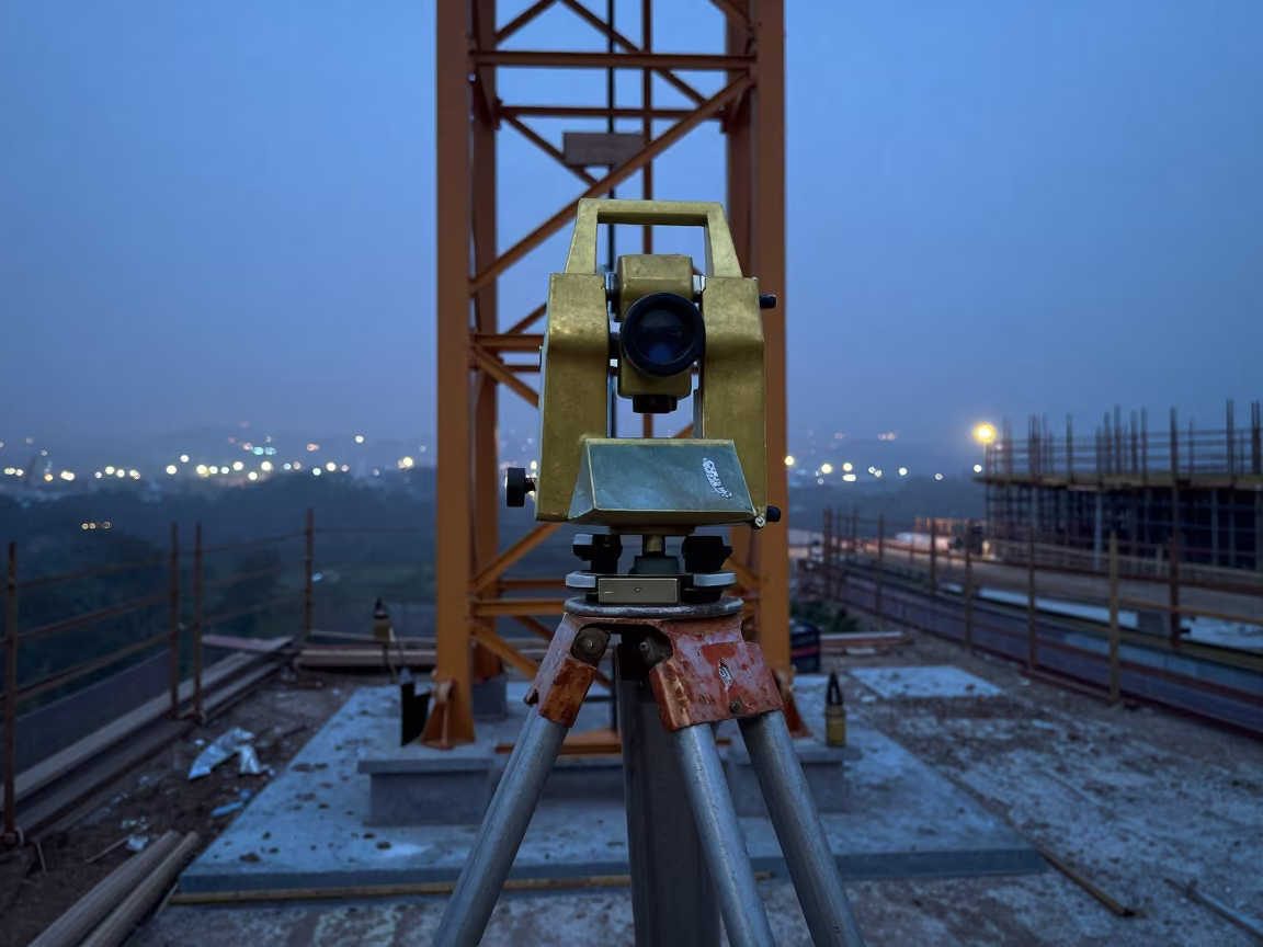 Brass Theodolite on Tripod at Rio Grande Do Sul Construction Site in beneath a tower crane on open ground in Rio Grande do Sul