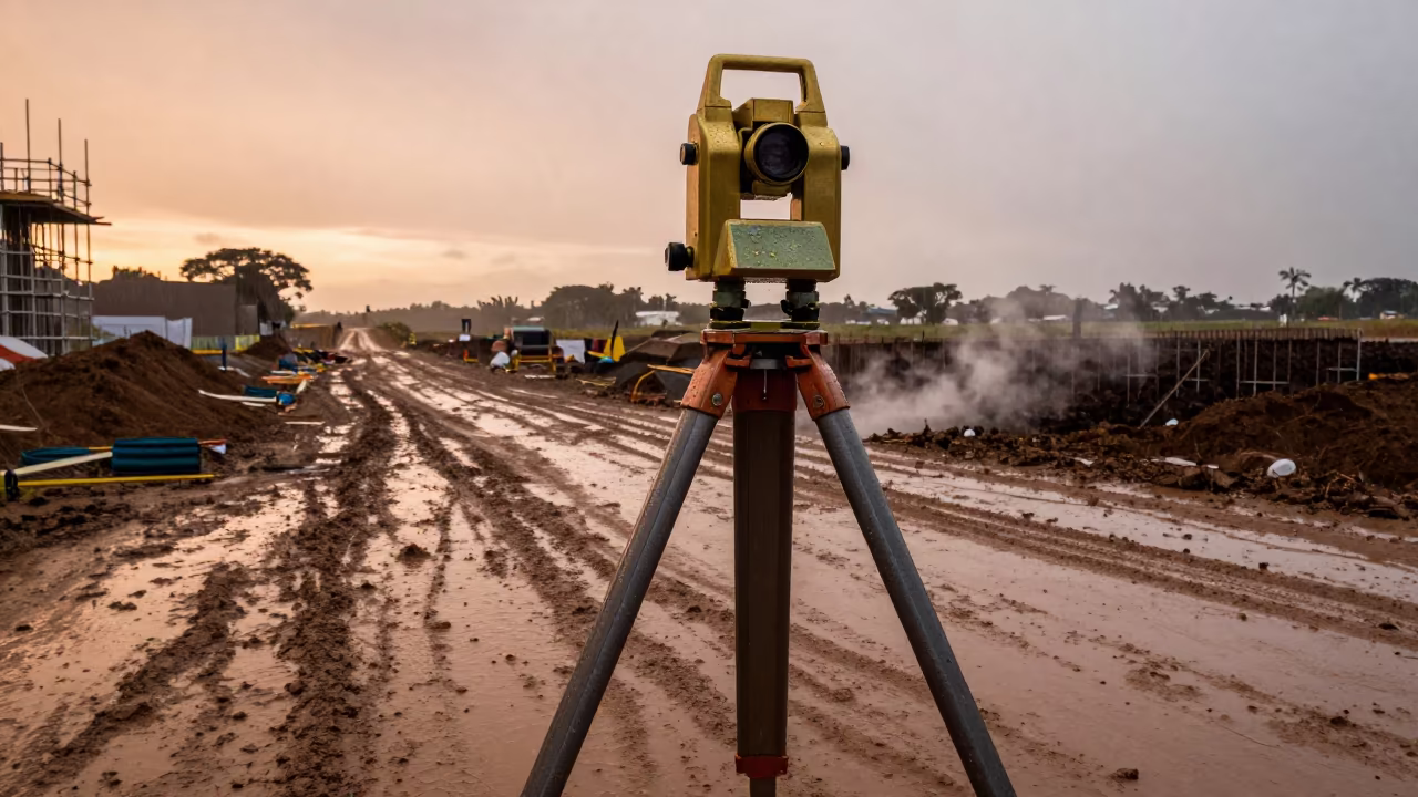 Brass Theodolite on Tripod at Muddy Ndola Construction Site in at a muddy site access road in Ndola