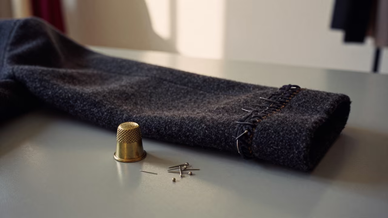 Brass Thimble Pins Beside Coat Sleeve in inside a couture atelier near Luena