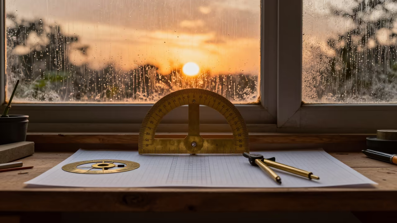 Brass Tools on Architect's Drawing in Nairobi Workshop in on a workshop shelf in Bomas, Nairobi