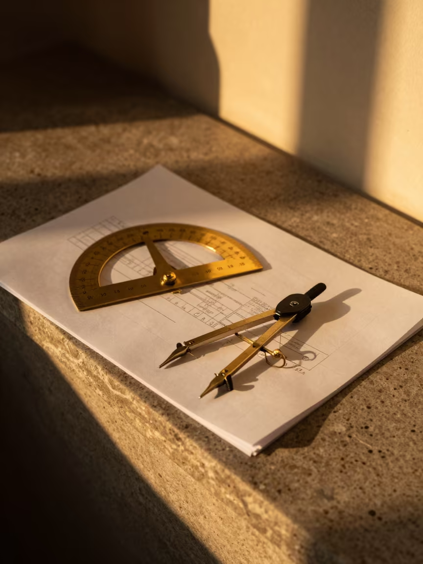 Brass Tools on Blueprint in Harbin Light in on a stone ledge in Harbin