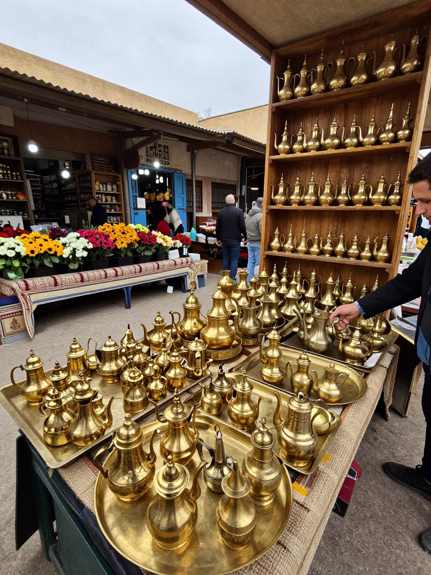 Brass Trays and Teapots in Fez Souk in at a flower auction bench in Fez