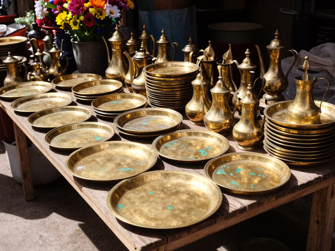 Brass Trays and Teapots in Marrakech Souk in at a flower auction bench in Marrakech