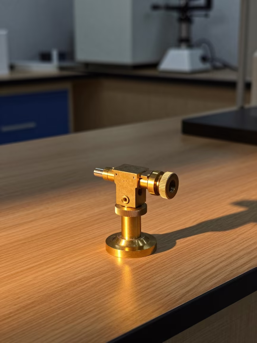 Brass Tripod Head on Oak Bench in Riyadh in inside a clean room in Riyadh