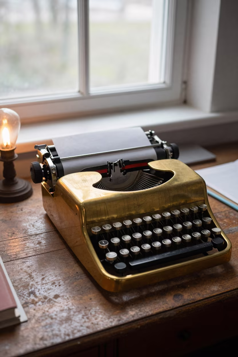 Brass Typewriter on Oak Desk in Dawn Light in on a dusty library table in Burao