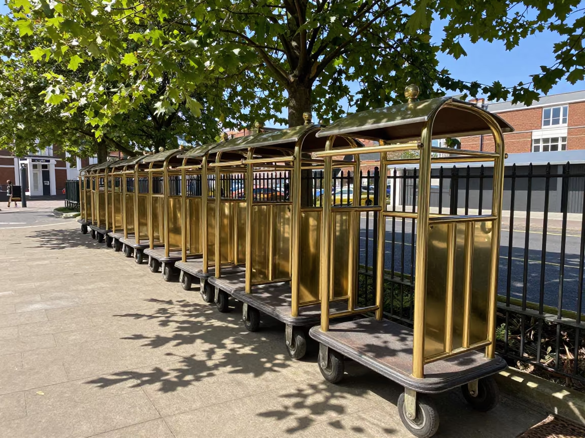 Brass Valet Rail and Carts in Hull Morning in at a porte cochere with brass luggage carts waiting near Kingston upon Hull