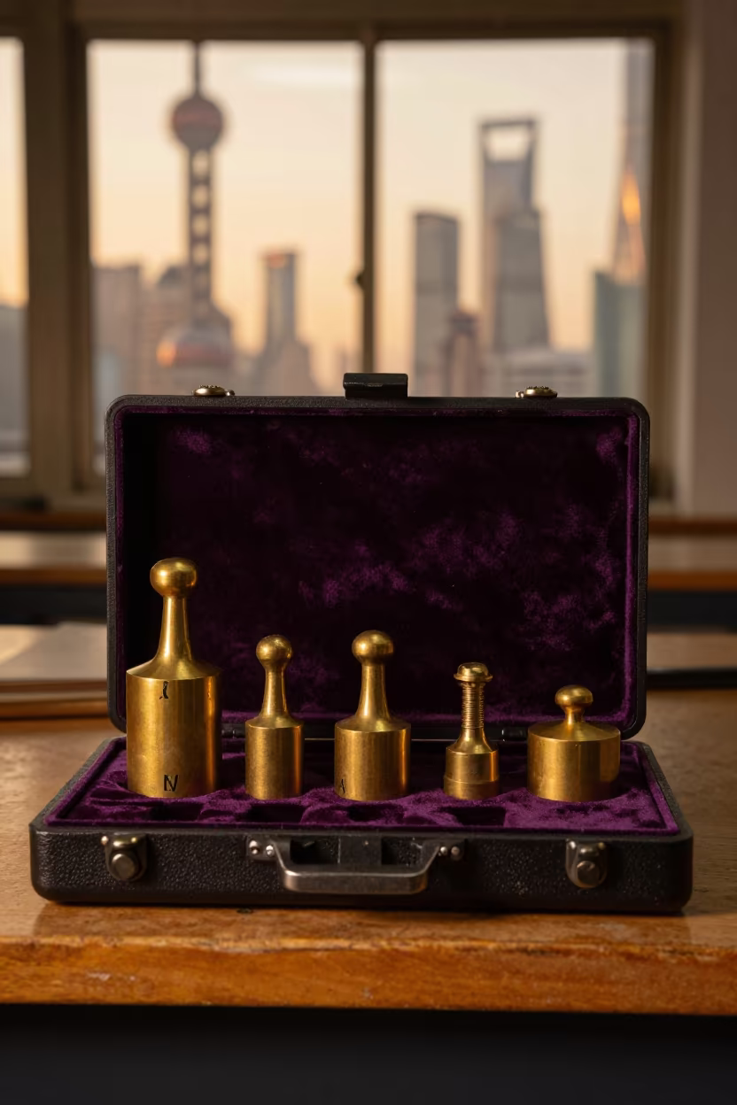 Brass Weights in Velvet Case Golden Hour in on a workshop shelf near Lujiazui, Shanghai