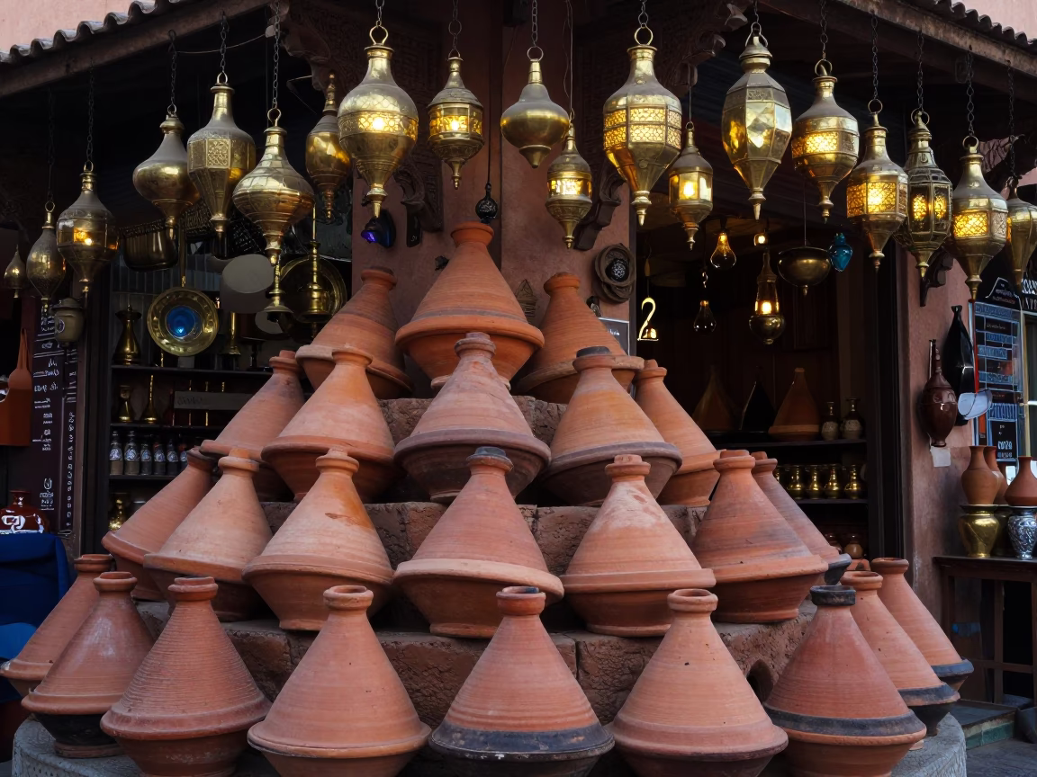 Brassware in Marrakech at The Early Evening Light in in Marrakech, Morocco