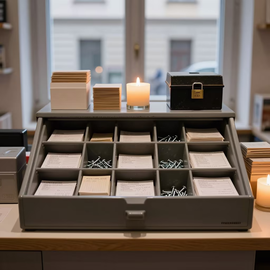 Bratislava Store Drawer Contents Dawn Light in inside a storefront prepared for opening in Bratislava