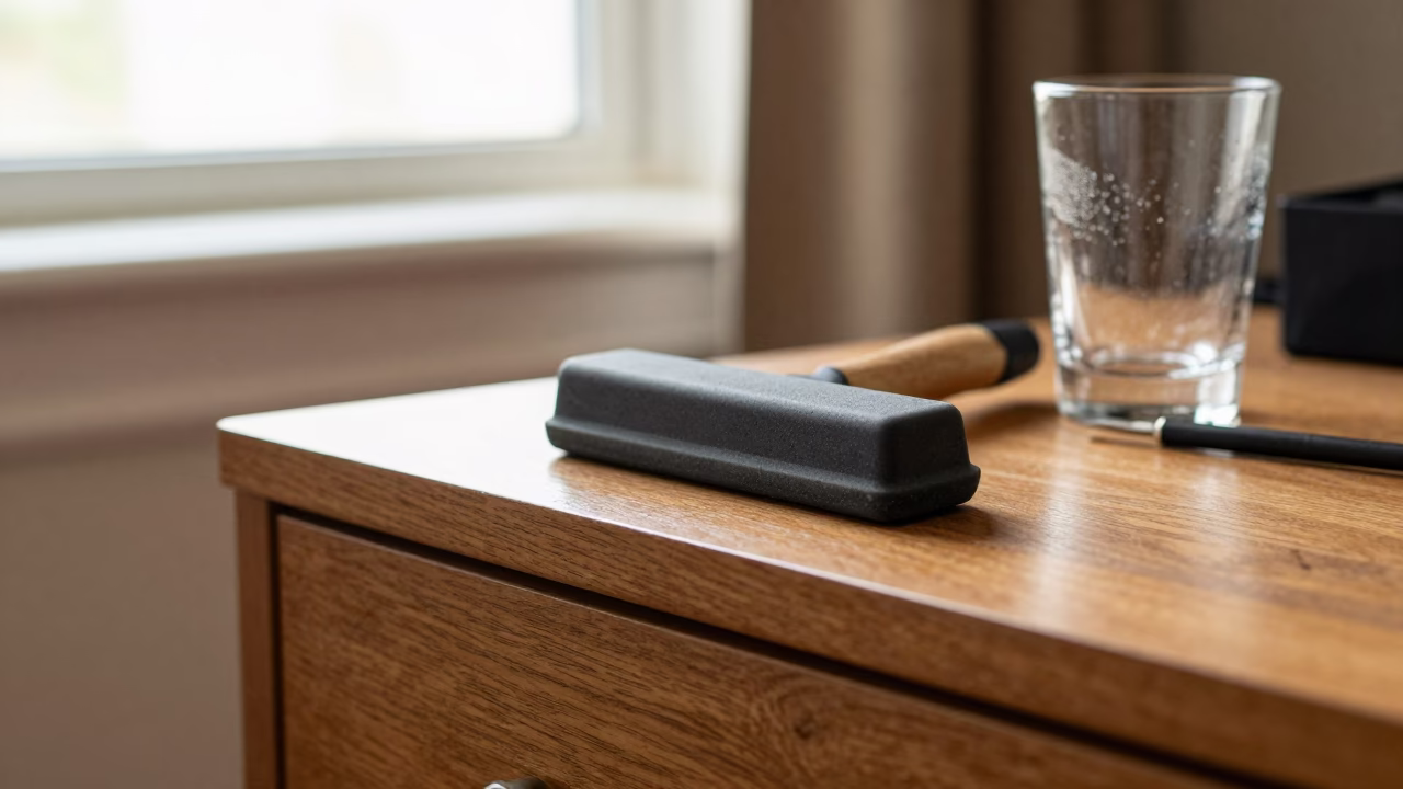 Brayer on Hotel Dresser with Spring Condensation in on a hotel dresser in Johannesburg