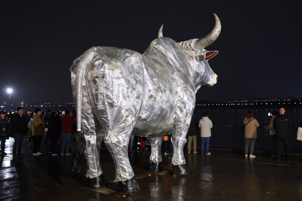 Brazilian Bumba Meu Boi Parade Under Winter Night Sky in at a waterfront celebration in Wuhan