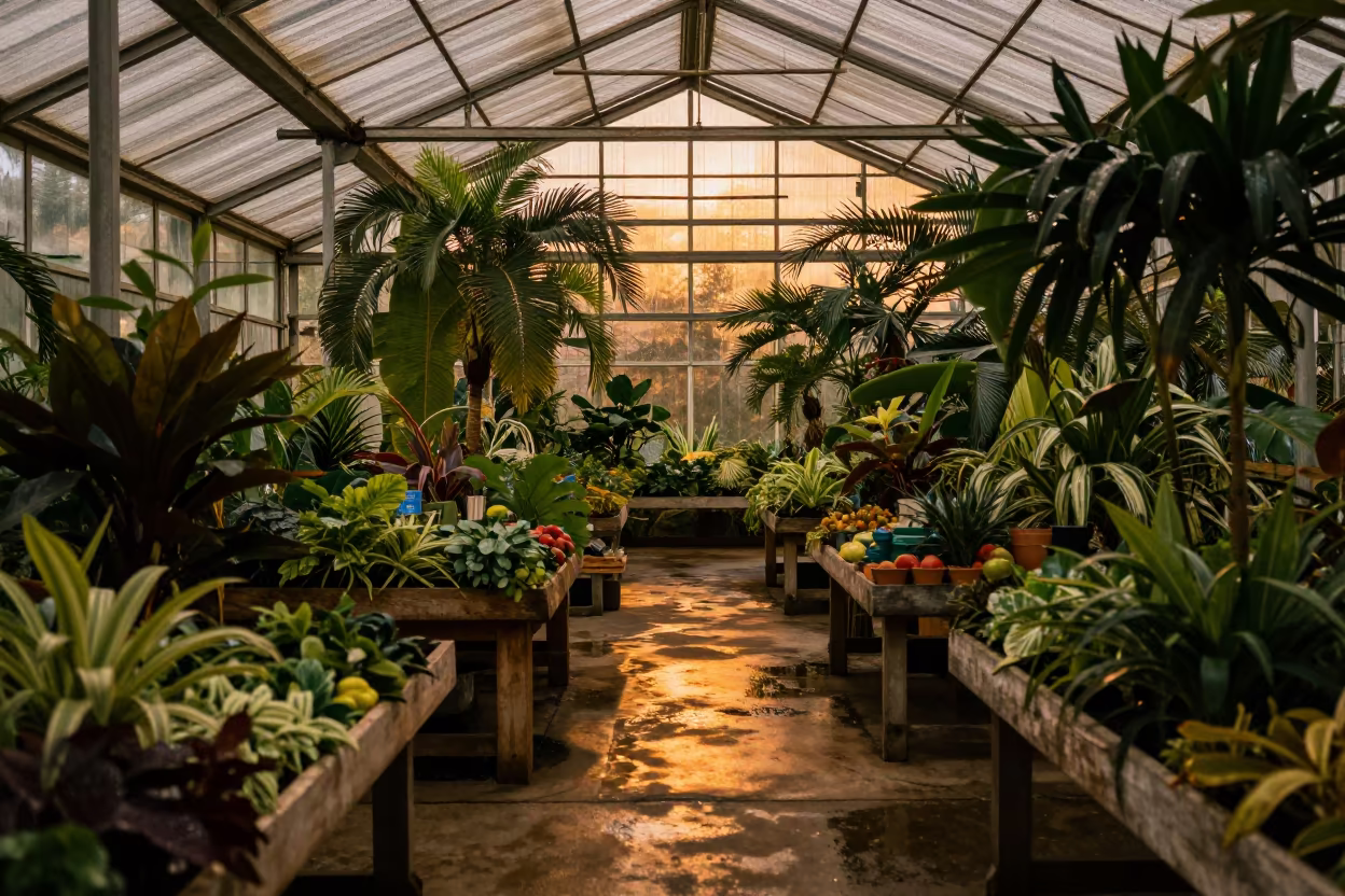Brazilian Greenhouse Glow at Evening Harvest Time in under translucent greenhouse roofing in Brazil
