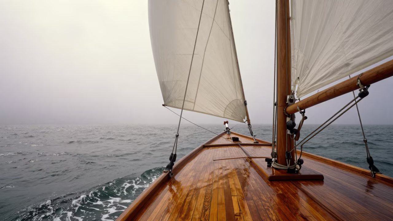 Brazilian Sailboat Heeling in Tropical Monsoon Fog in in Brazil