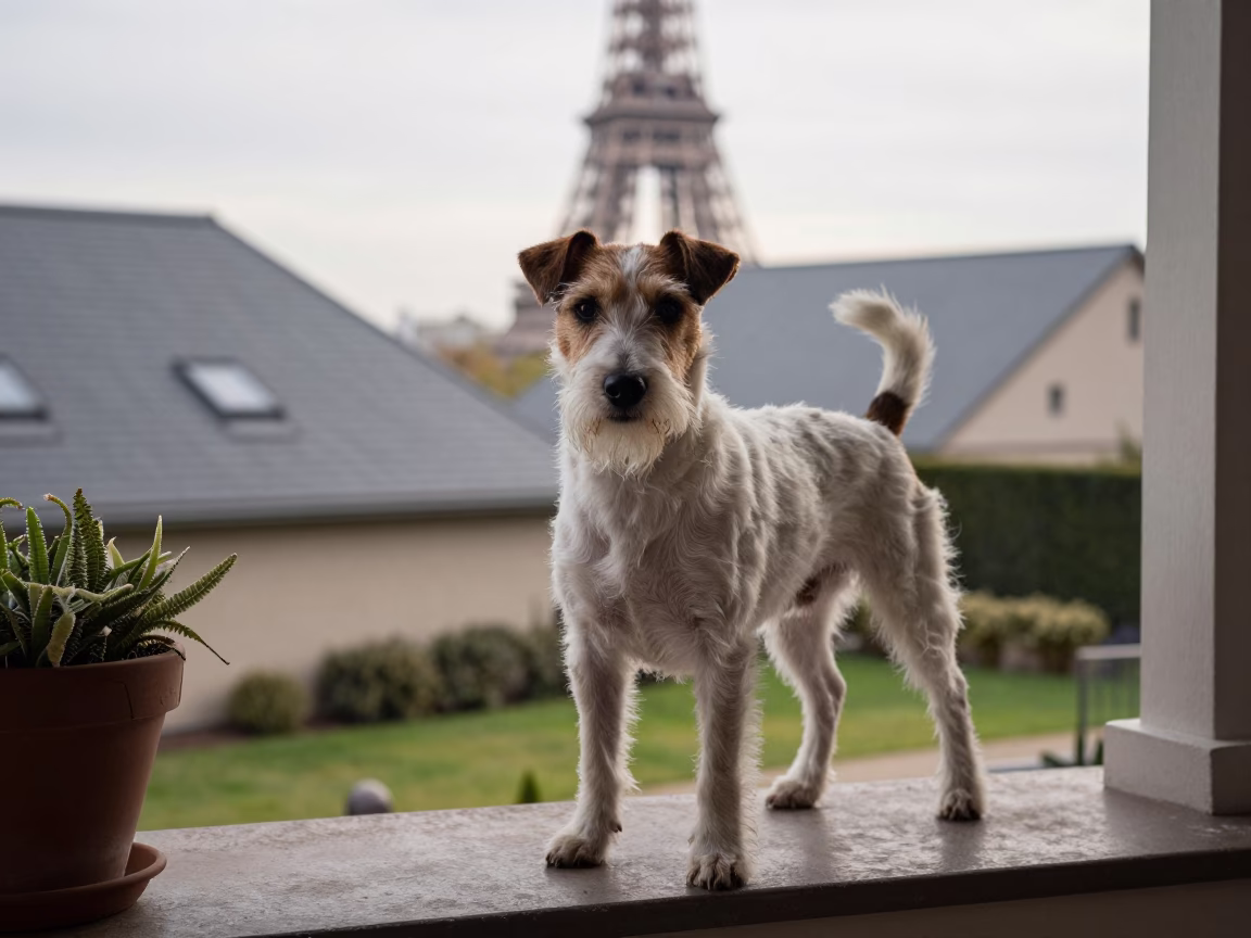 Brazilian Terrier on Parisian Porch Near Montmartre in in a small yard with clipped grass, calm light, and the animal centered in frame near Montmartre, Paris