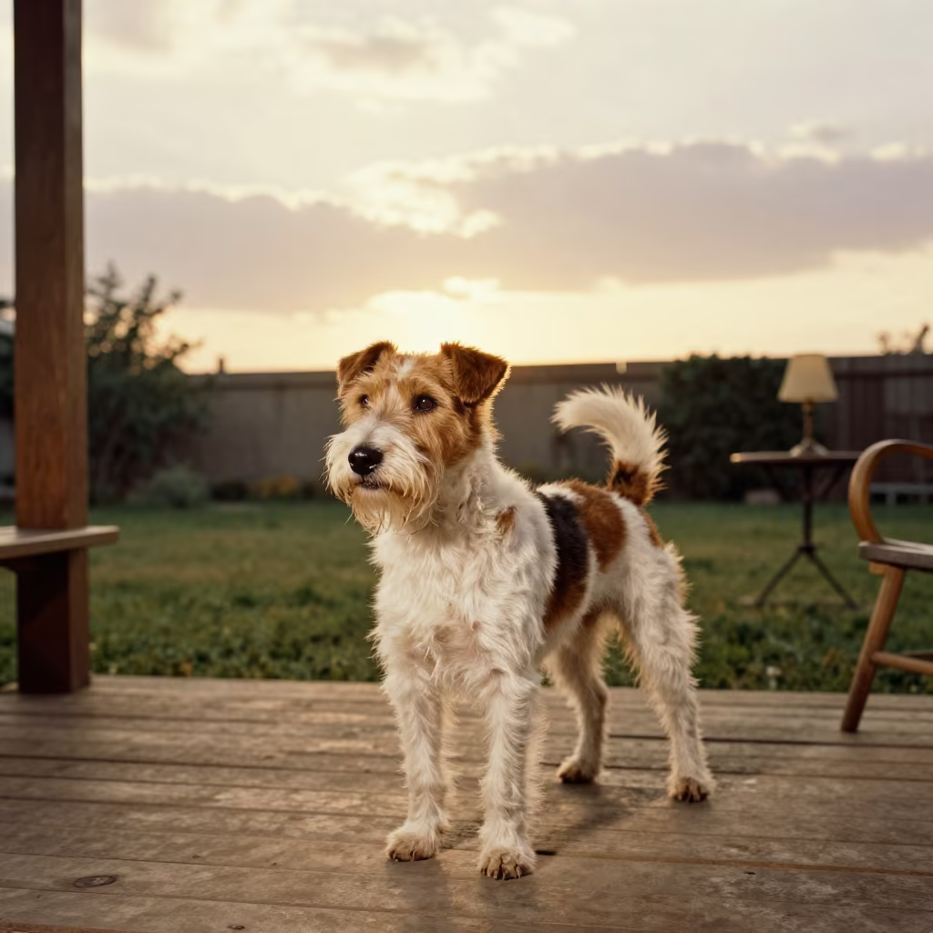 Brazilian Terrier on Shaded Porch in Late Spring Urumqi in in a small yard with clipped grass, calm light, and the animal centered in frame in Urumqi