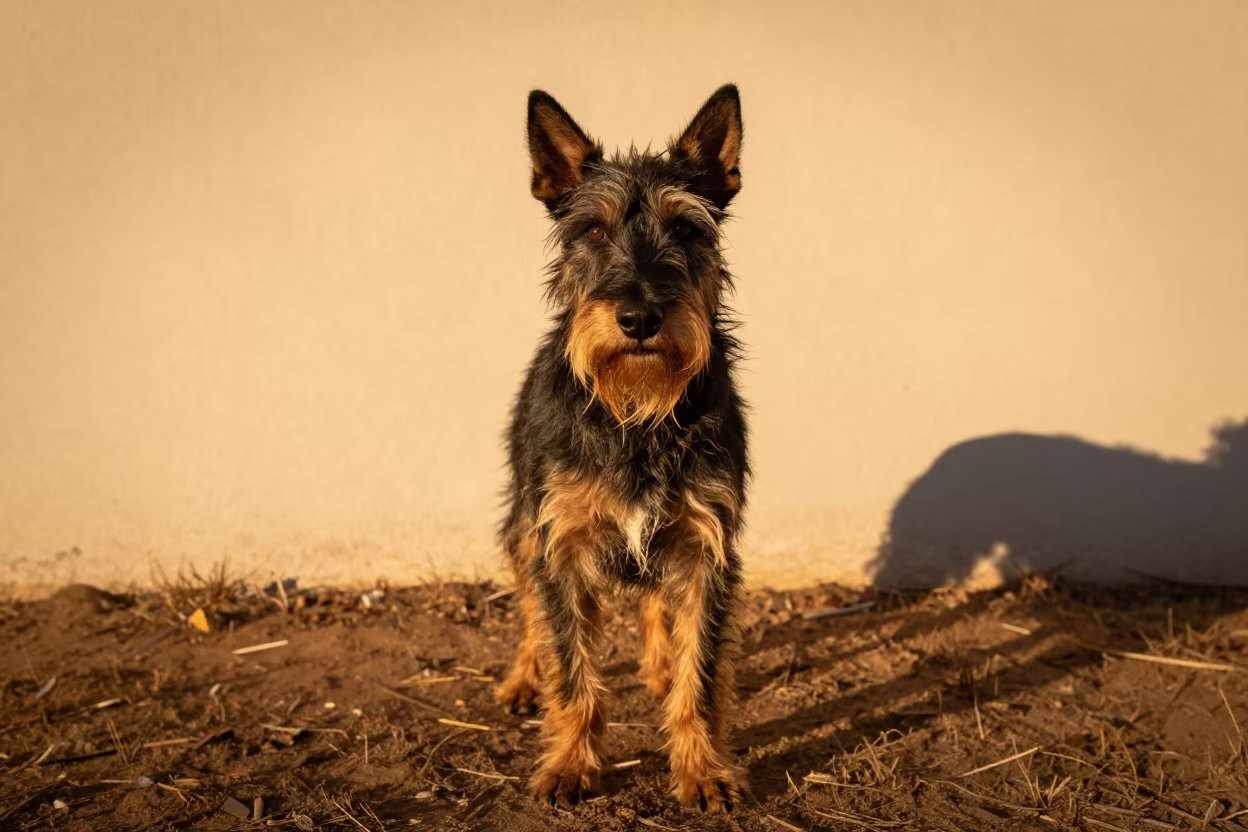 Brazilian Terrier Portrait in Amber Maturín Light in beside a plain courtyard wall in clear daylight with the animal at eye level in Maturín