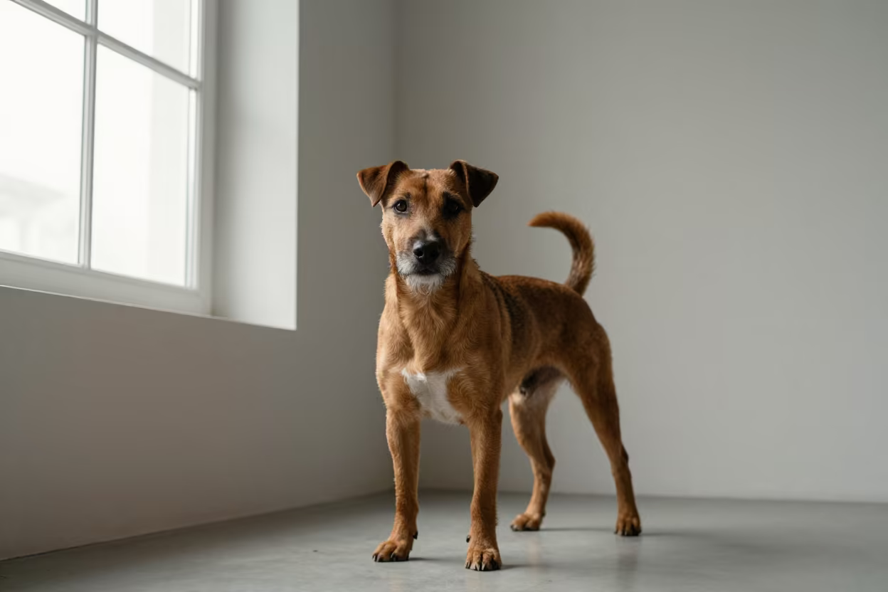 Brazilian Terrier Portrait in Beijing Studio in in a quiet portrait studio with a plain backdrop and eye-level framing in Nanluoguxiang, Beijing