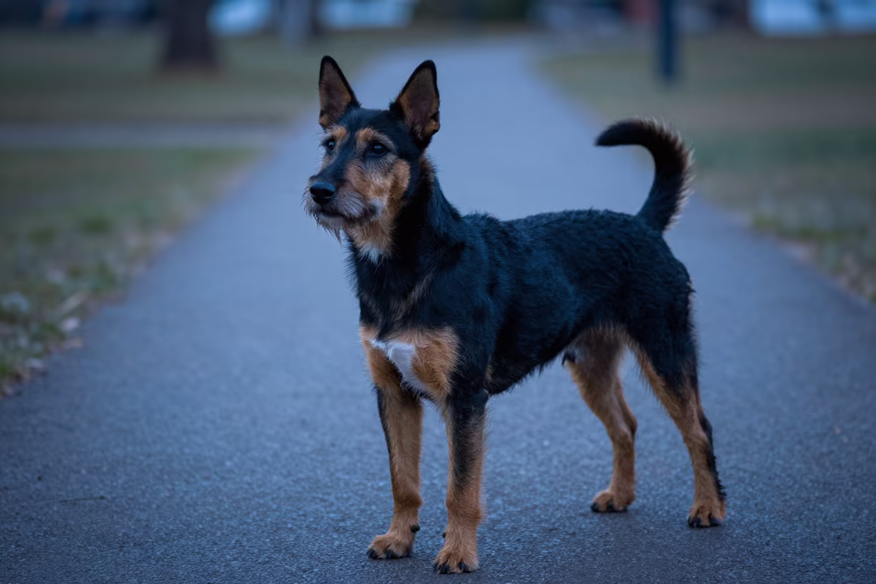 Brazilian Terrier Portrait in Guacara Twilight in along a quiet park path with soft open shade and a clean background in Guacara