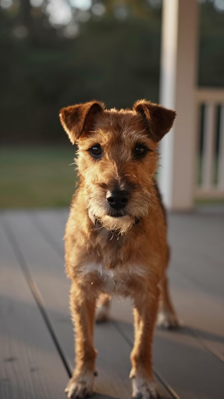 Brazilian Terrier Portrait on Alexandria Porch in on a shaded front porch with boards, railings, and eye-level framing in Alexandria