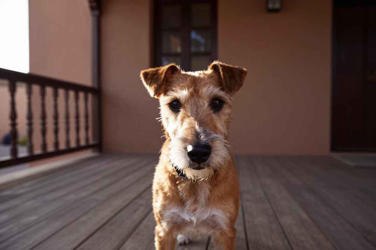 Brazilian Terrier Portrait on Shaded Porch in on a shaded front porch with boards, railings, and eye-level framing near Kasbah, Marrakech