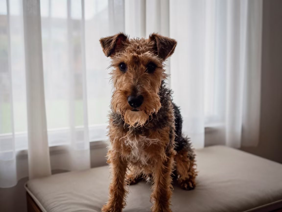 Brazilian Terrier Portrait on Window Seat in Mzuzu in on a cushioned window seat with soft side light and an uncluttered background in Mzuzu