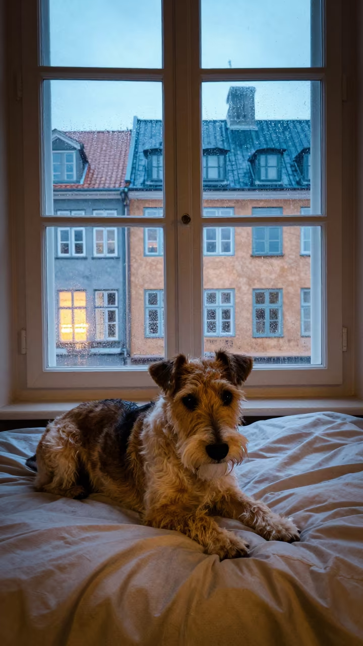 Brazilian Terrier Resting on Bedspread Near Winter Window in on a bedspread near a bright window with calm indoor light in Nyhavn, Copenhagen