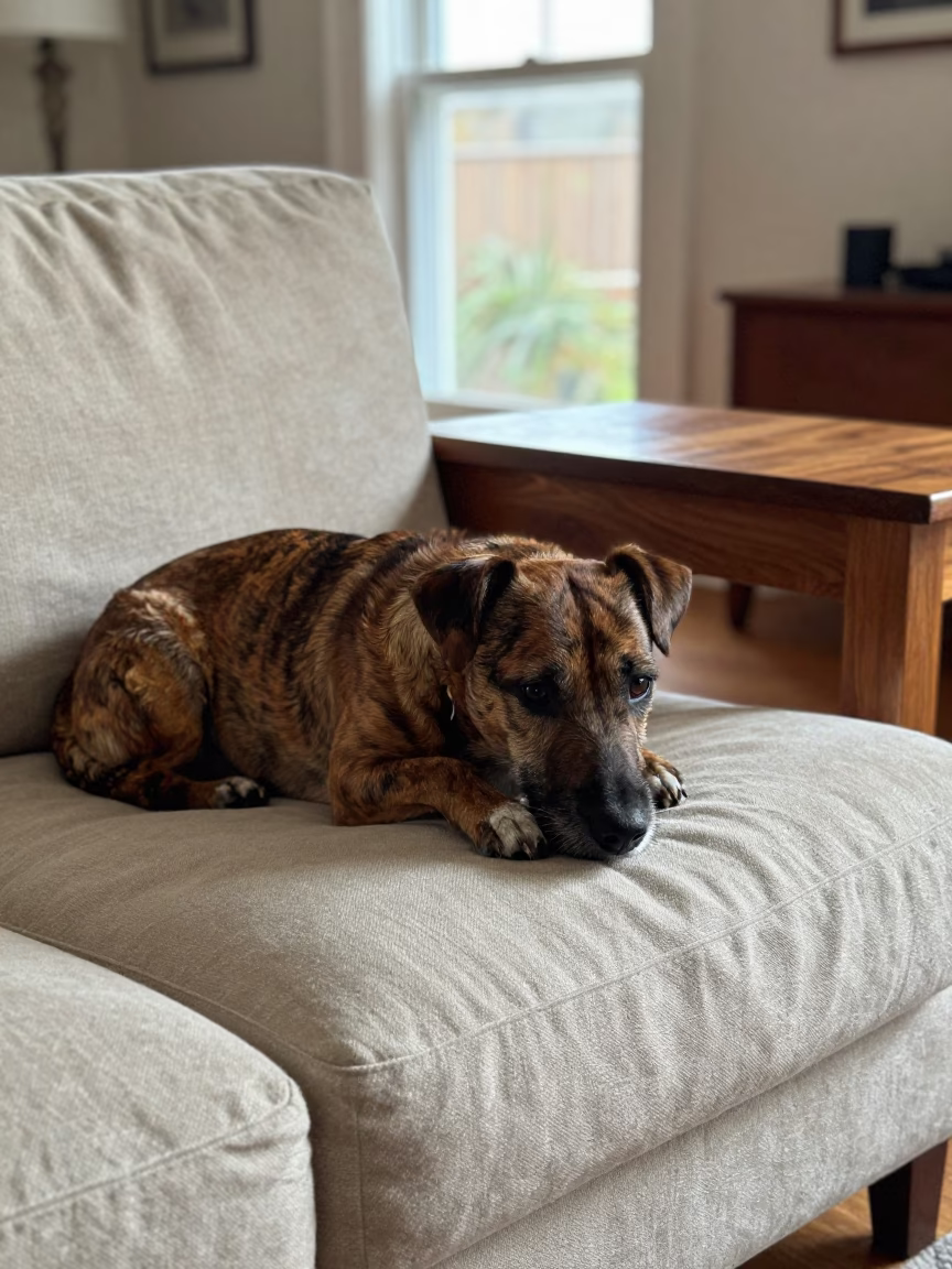 Brazilian Terrier Resting on Linen Sofa in Awka in on a linen sofa with daylight from a nearby window in Awka