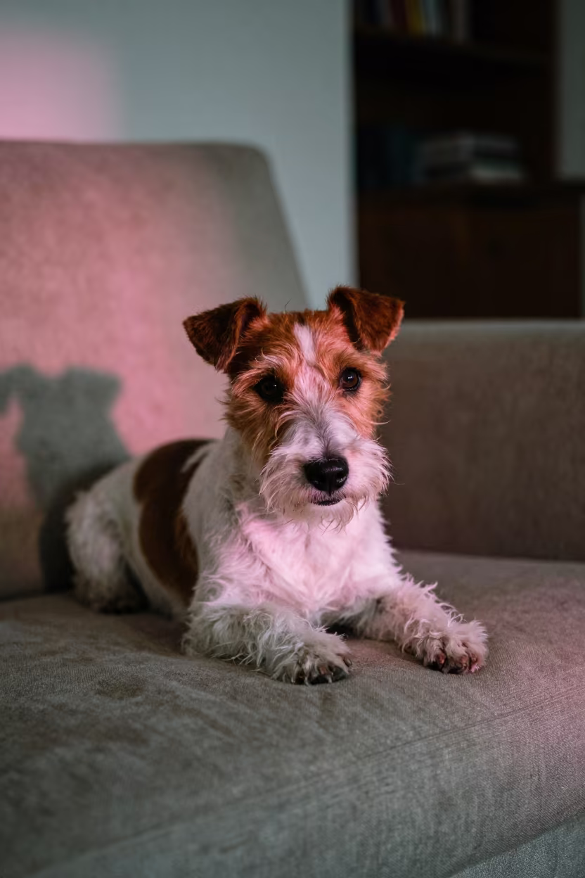 Brazilian Terrier Resting on Linen Sofa in on a linen sofa with daylight from a nearby window in Stoke-on-Trent