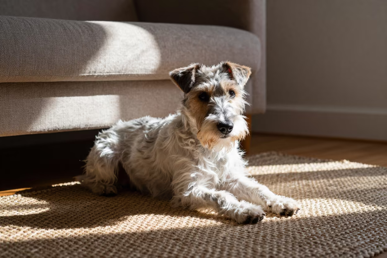 Brazilian Terrier Resting on Rug in Madrid in on a woven rug beside a low couch and an uncluttered wall in Retiro, Madrid