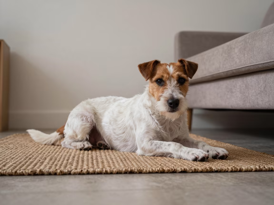 Brazilian Terrier Resting on Woven Rug in Haikou Home in on a woven rug beside a low couch and an uncluttered wall in Haikou