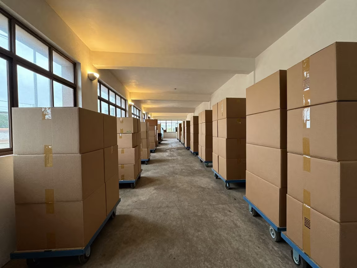 Brazzaville Freight Lobby Stacked Dollies at Dawn in at a fulfillment packing station in Brazzaville