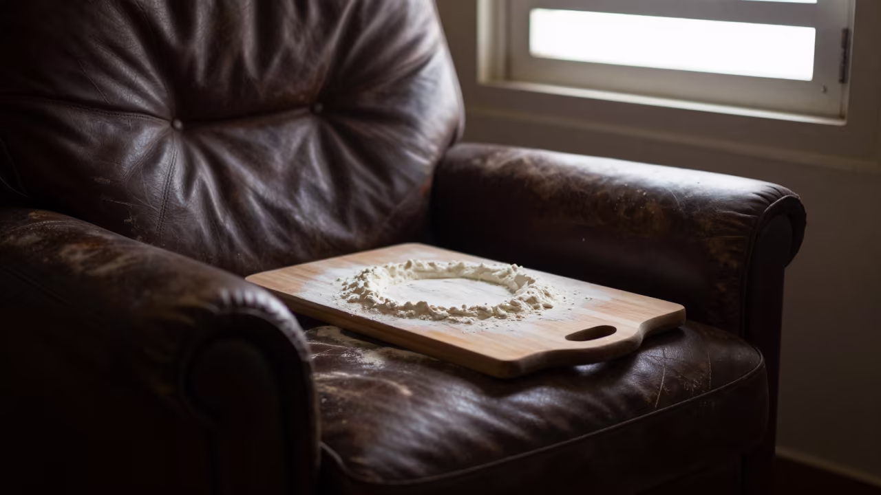 Bread Board on Leather Chair in Winter Sylhet in on a worn leather armchair in Sylhet