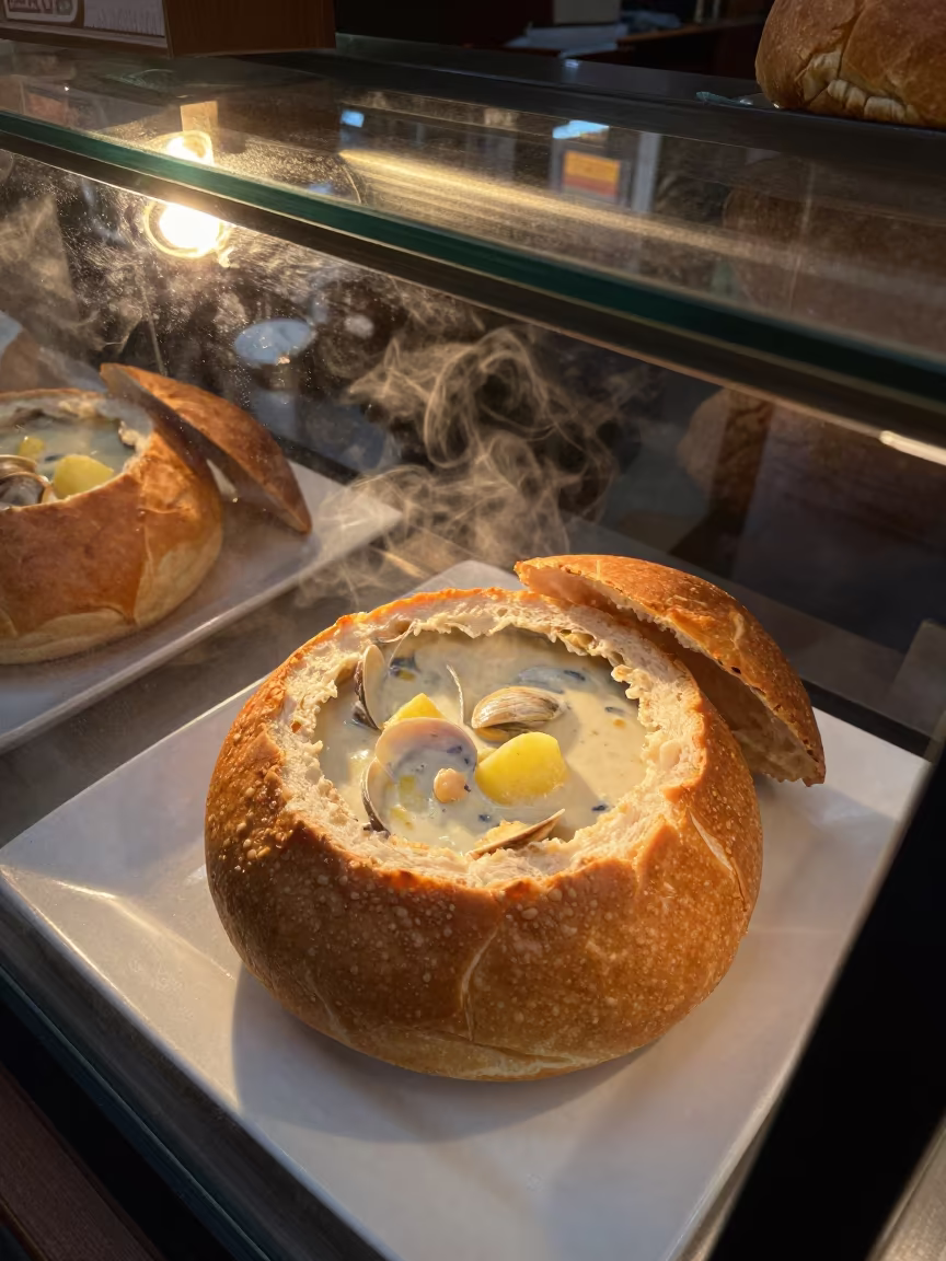 Bread Bowl Clam Chowder Bakery Sunset in in a bakery display case in Bilaspur