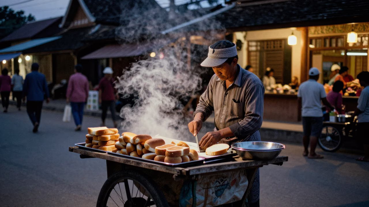 Bread Loaves at The Predawn Darkness Light in Luang Prabang in in Luang Prabang, Laos