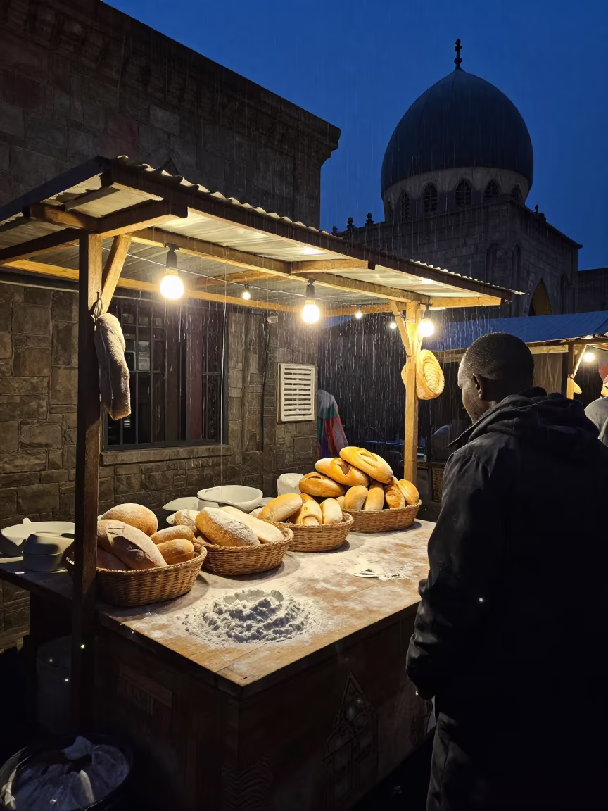 Bread Stall in Gabela Prayer Hall Night Market in in a prayer hall in Gabela