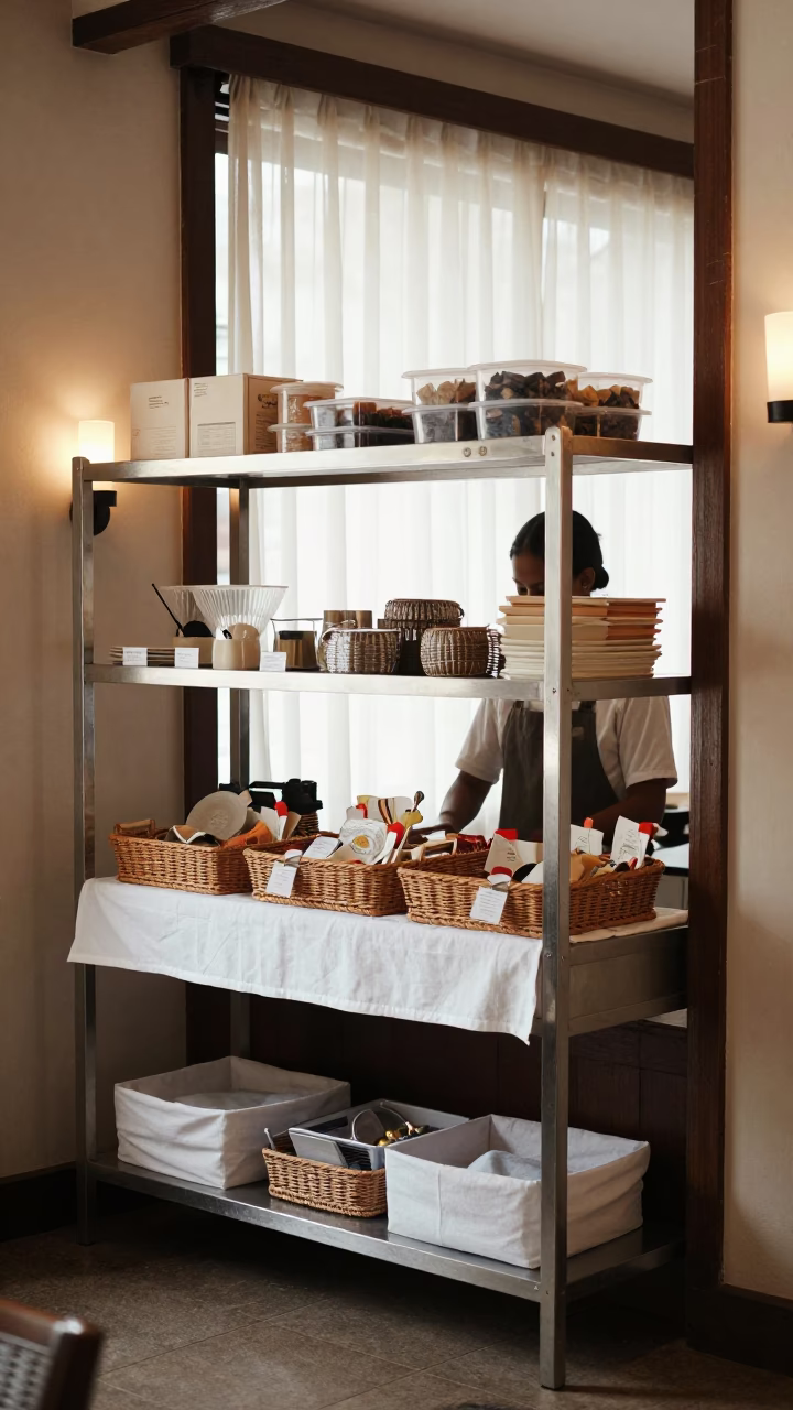 Breakfast Basket Station Before Opening in inside a breakfast room before opening in Mawlamyine