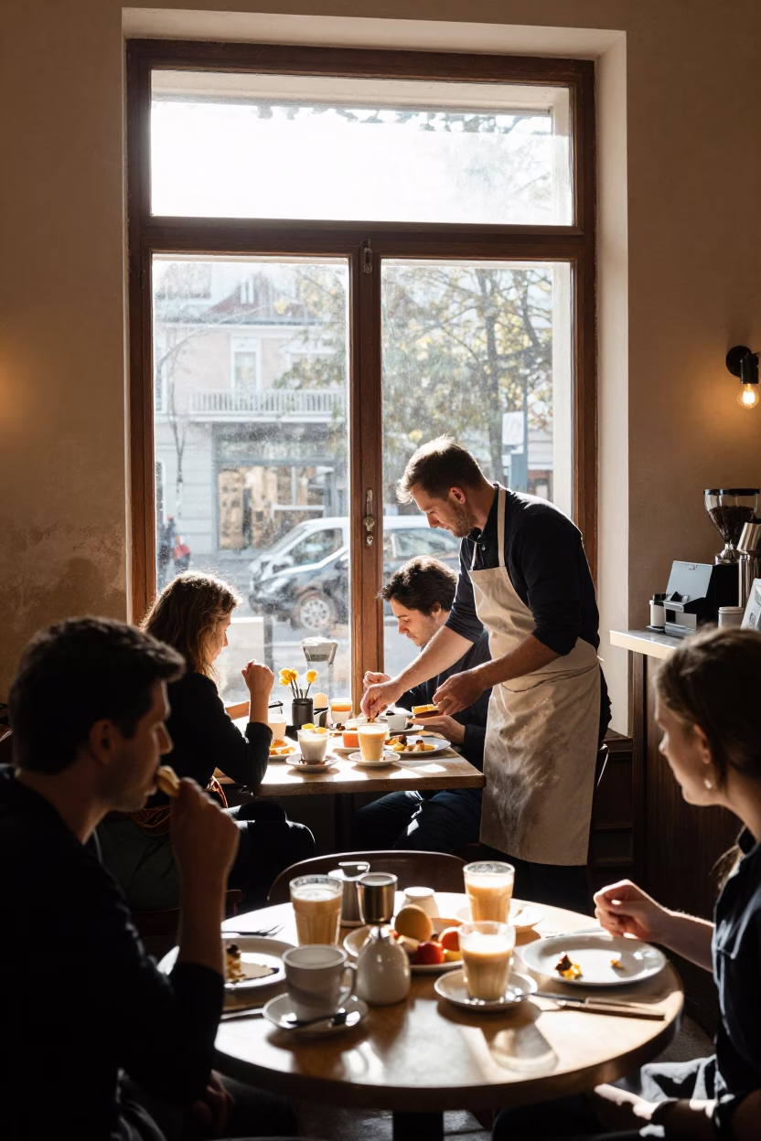 Breakfast Corner in Budapest at As First Light Reaches The Scene in in Budapest, Hungary