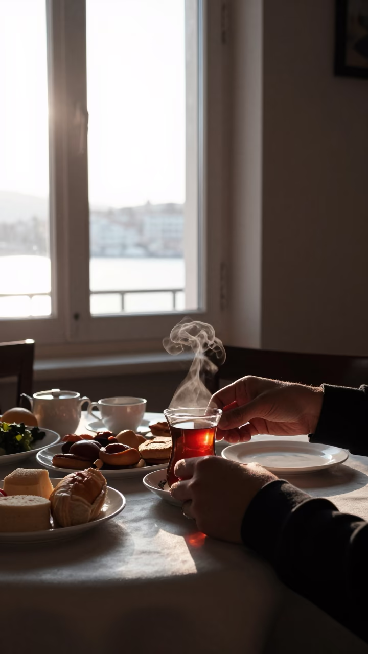 Breakfast Scene at The Early Morning Light in Izmir in in Izmir, Turkey