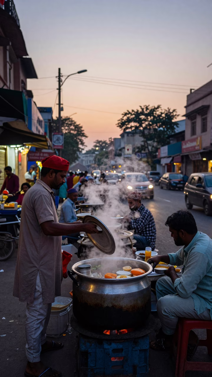 Breakfast Scene in Delhi at The Still Hours Before Dawn Light in in Delhi, India
