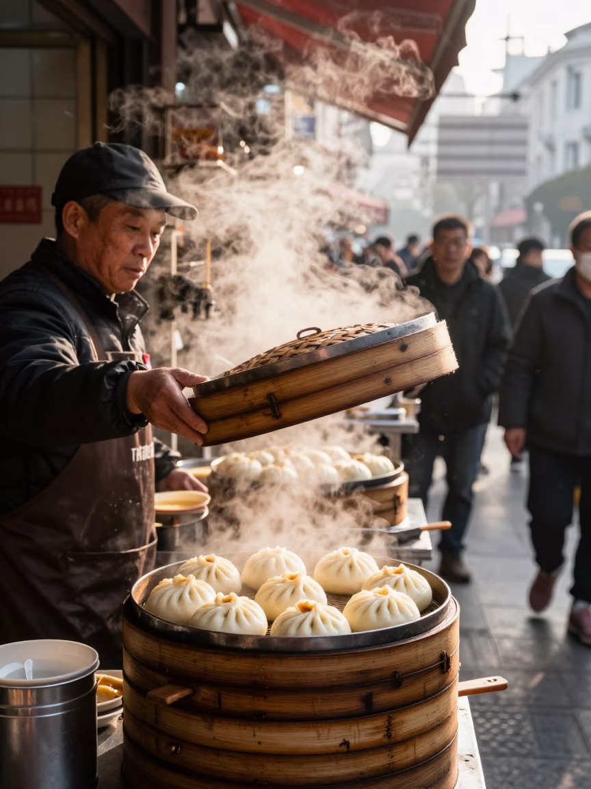 Breakfast Scene in Shanghai at The Early Morning Light in in Shanghai, China
