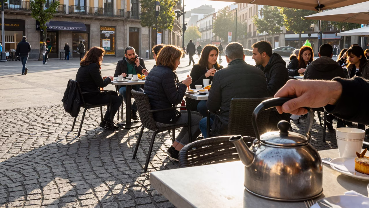 Breakfast Scene just after sunrise in Bilbao in in Bilbao, Spain