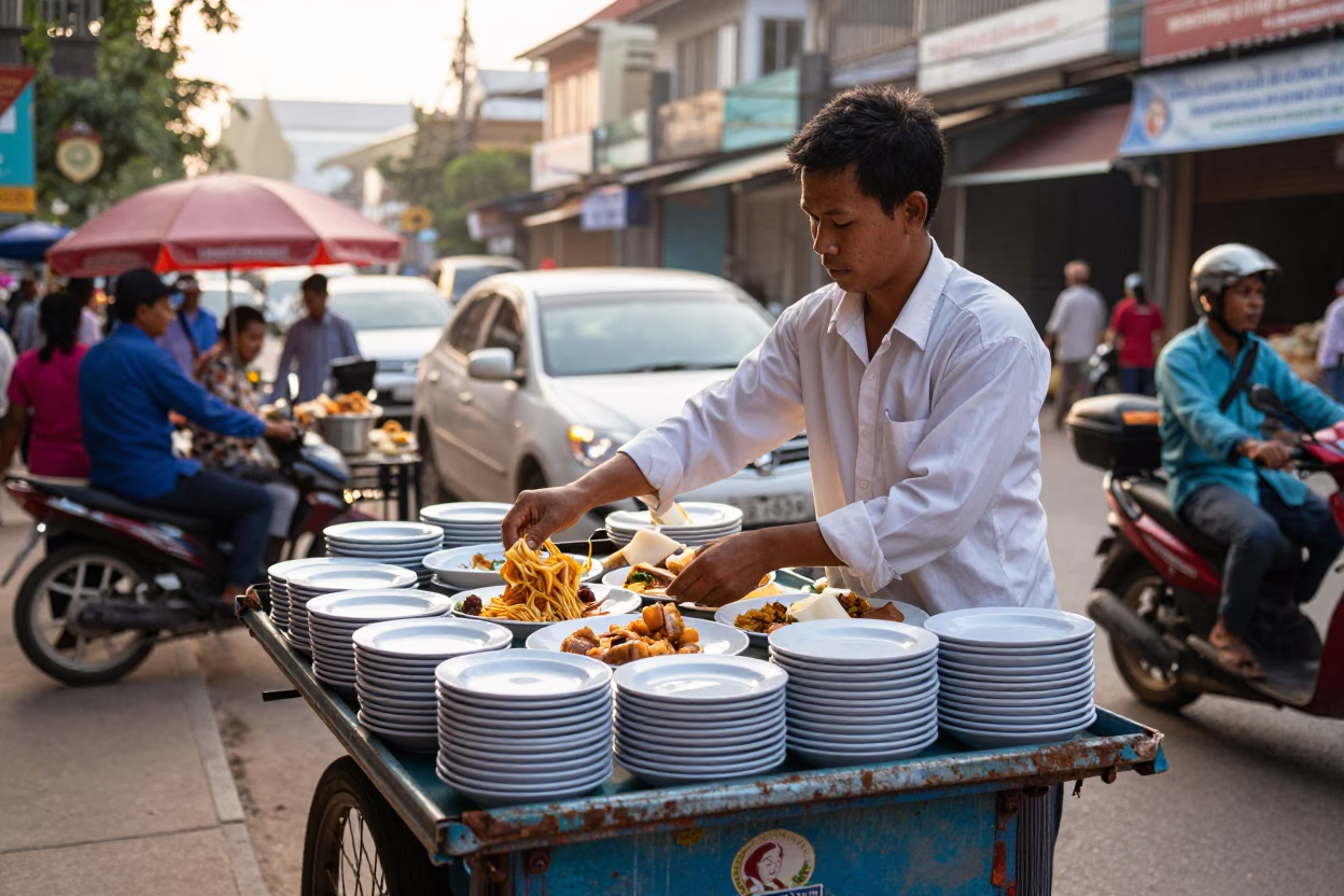 Breakfast Scene just after sunrise in Phnom Penh in in Phnom Penh, Cambodia