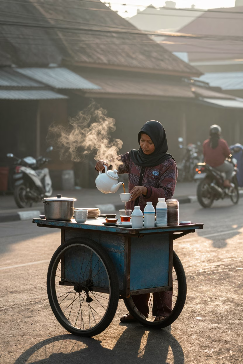 Breakfast Scene just after sunrise in Yogyakarta in in Yogyakarta, Indonesia