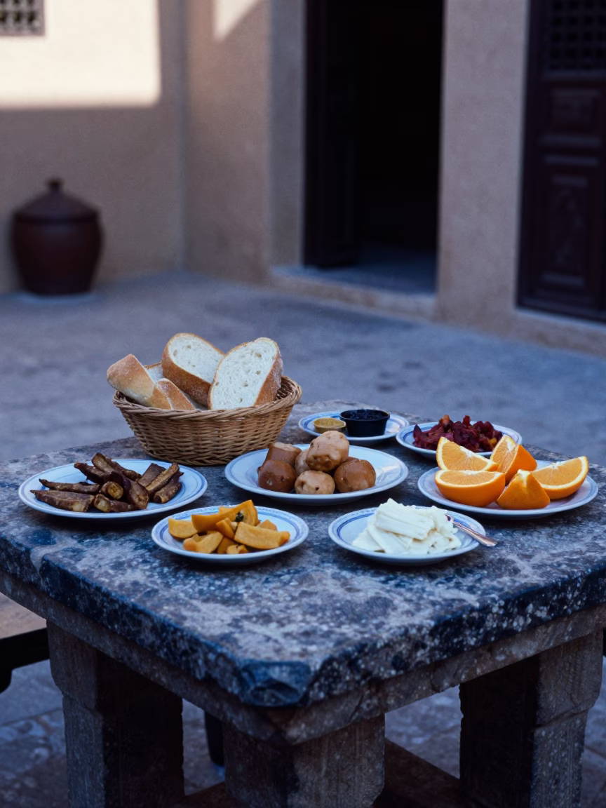Breakfast Spread in Fez at Early Morning Light in in Fez, Morocco
