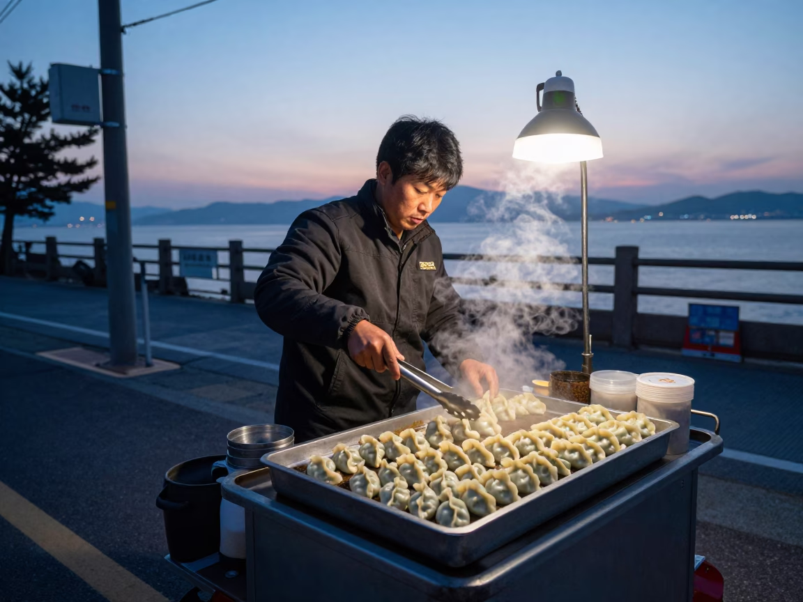Breakfast Stall at Sunrise Light in Busan in in Busan, South Korea