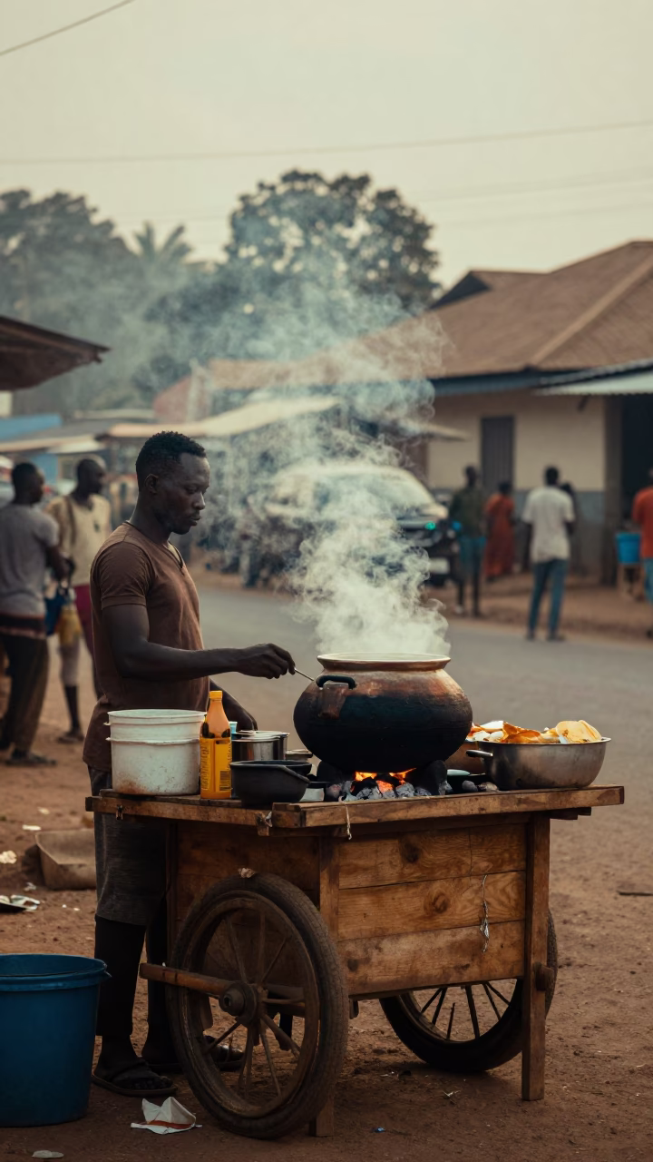 Breakfast Stall in Accra at Sunrise Light in in Accra, Ghana