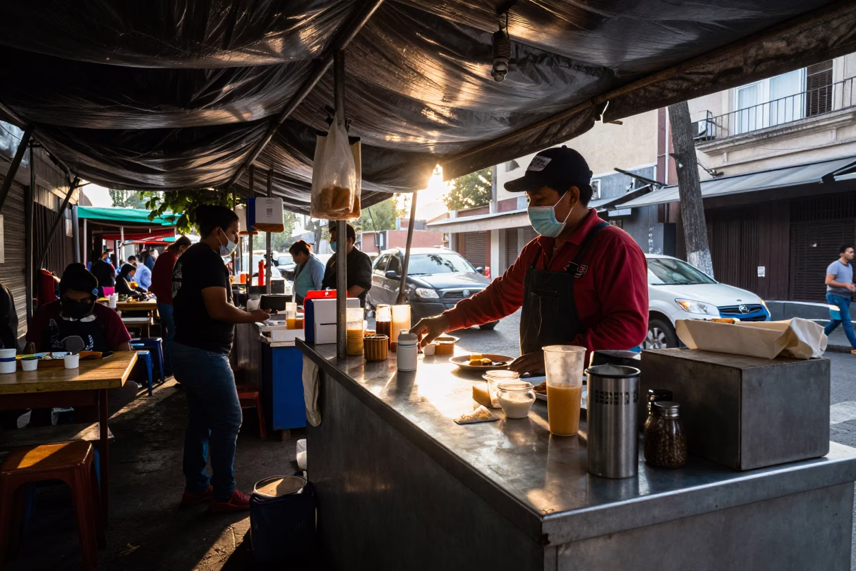 Breakfast Stall in Mexico City at As First Light Reaches The Scene in in Mexico City, Mexico
