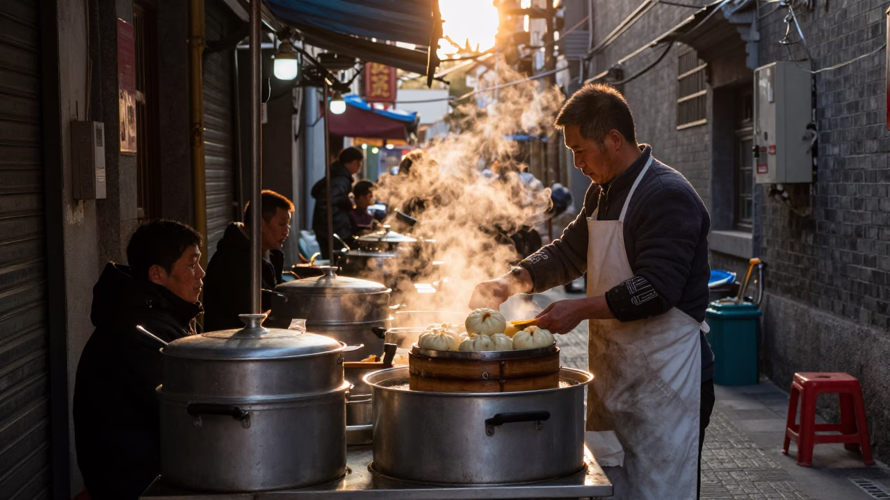 Breakfast Stall in Shanghai at First Light Of Dawn in in Shanghai, China
